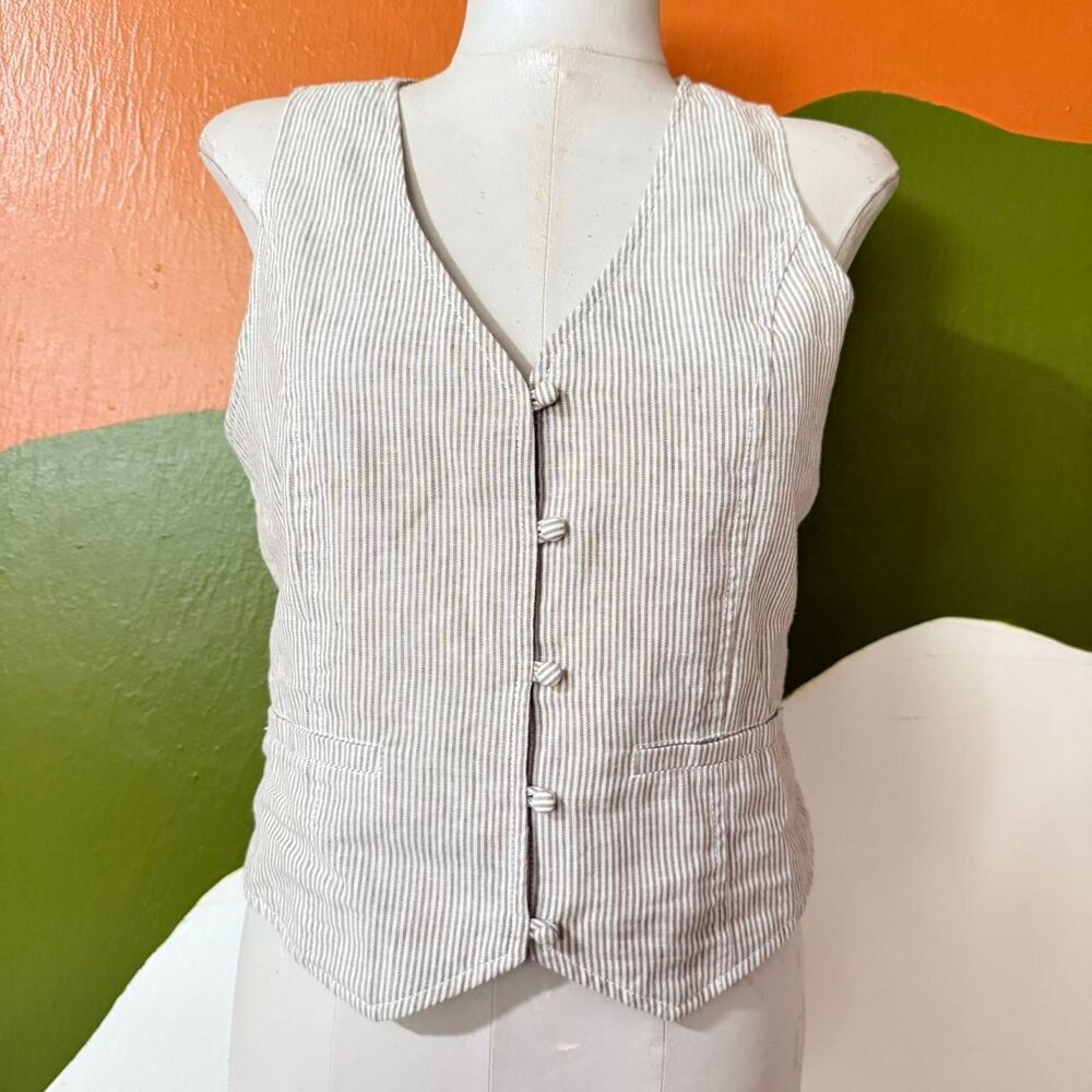 Vintage BeCool Pinstripe Linen Vest Waistcoat Gray Striped Top Office Siren M